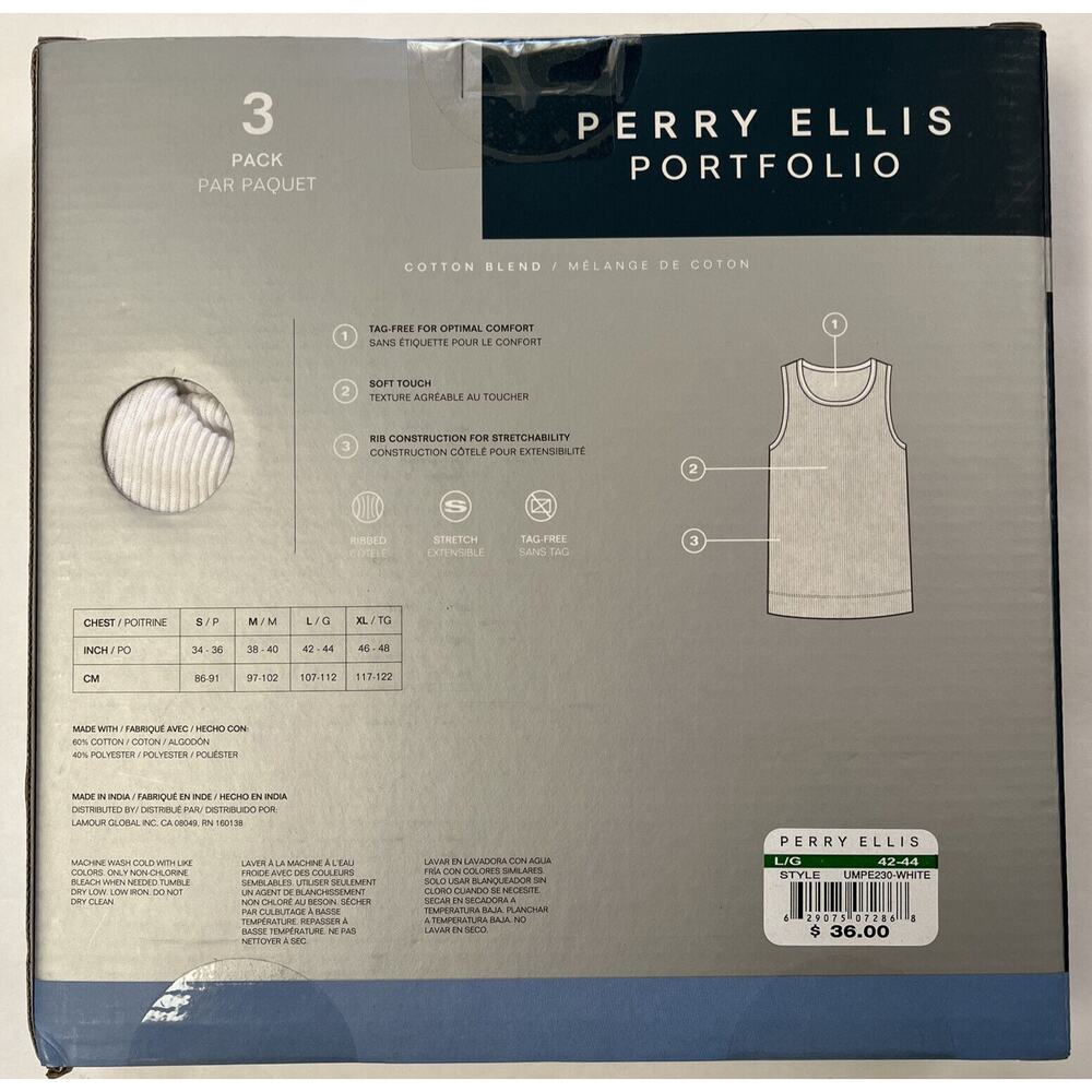 Perry Ellis Ribbed Tank Shirts Mens Large 42-44 inch White Portfolio 3 Pack - Picture 4 of 7